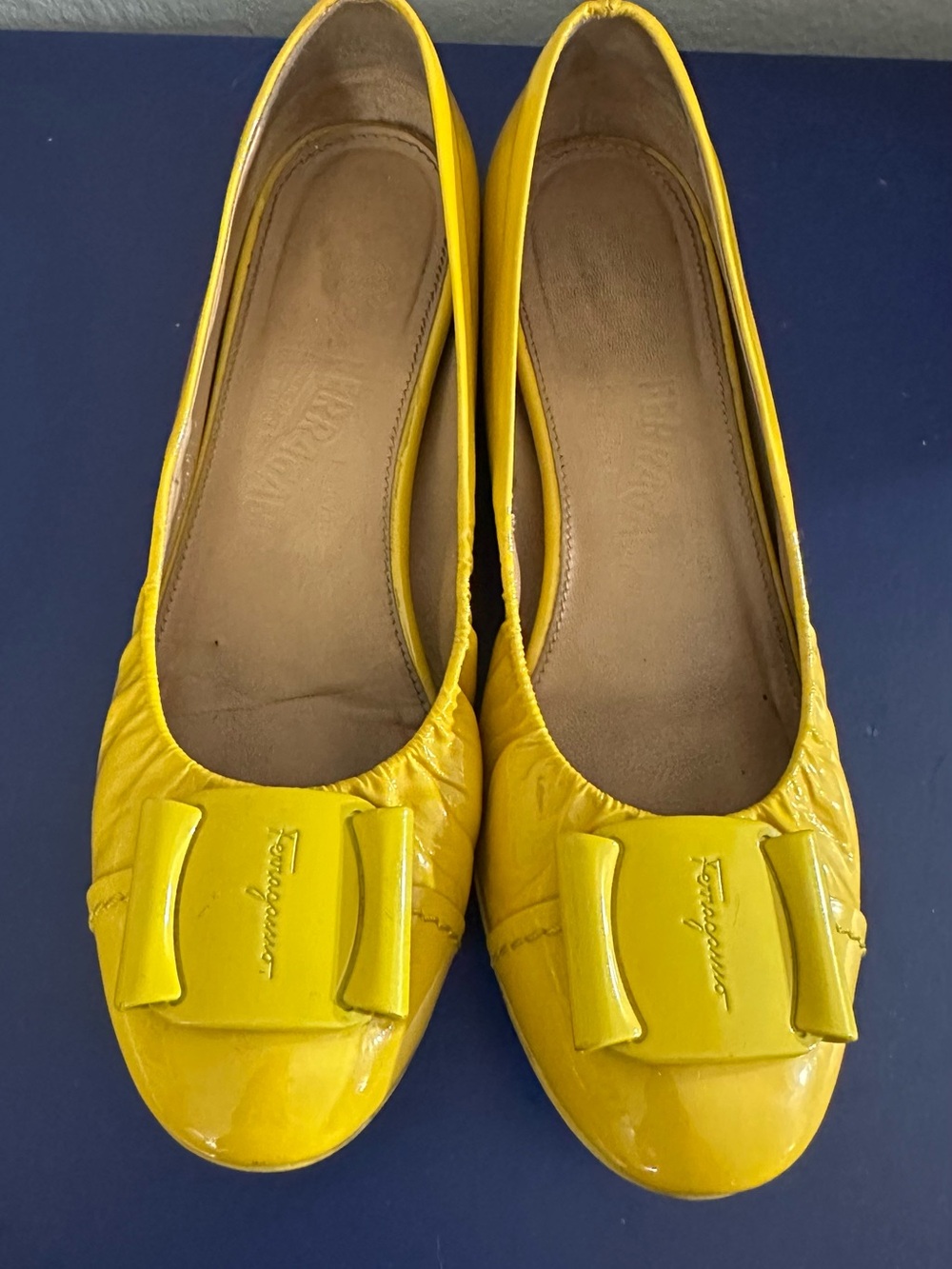Salvatore Ferragamo Bright Yellow Patent Vara Bow Flats